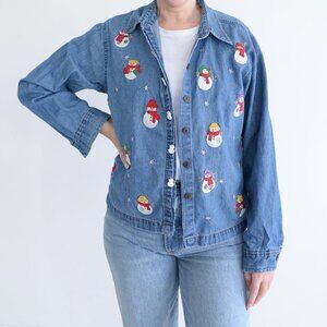 Denim Snowman Embroidered Button Down Shirt